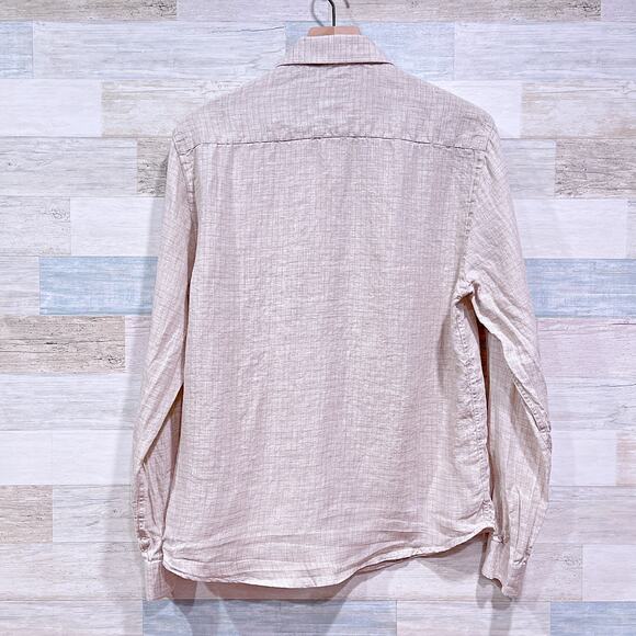 Stitch Note European Linen Shirt Long Sleeve Button Down Beige Check Mens Medium - Picture 3 of 6